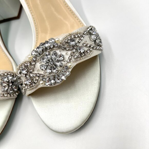 Betsey Johnson Womens Size 6.5 Mel White Satin Jewel Heels Dress Sandals Shoes - Picture 5 of 14